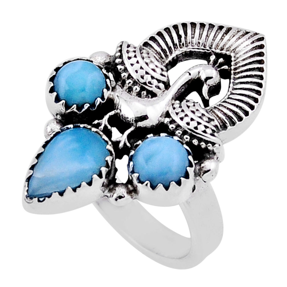 3.23cts peacock natural blue larimar 925 silver adjustable ring size 7 n40327