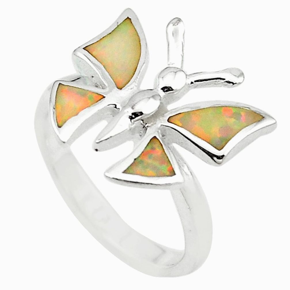 Pink australian opal (lab) 925 silver butterfly ring jewelry size 7.5 c25860