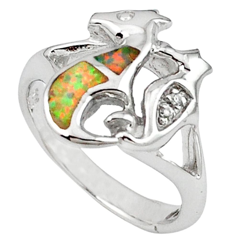 Pink australian opal (lab) 925 silver seahorse ring size 7.5 c15800