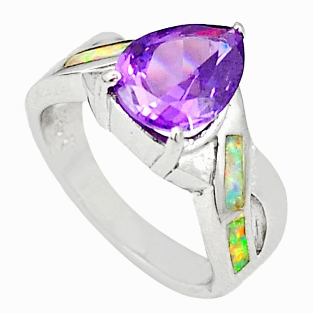 Pink australian opal (lab) amethyst 925 sterling silver ring size 5.5 c23969