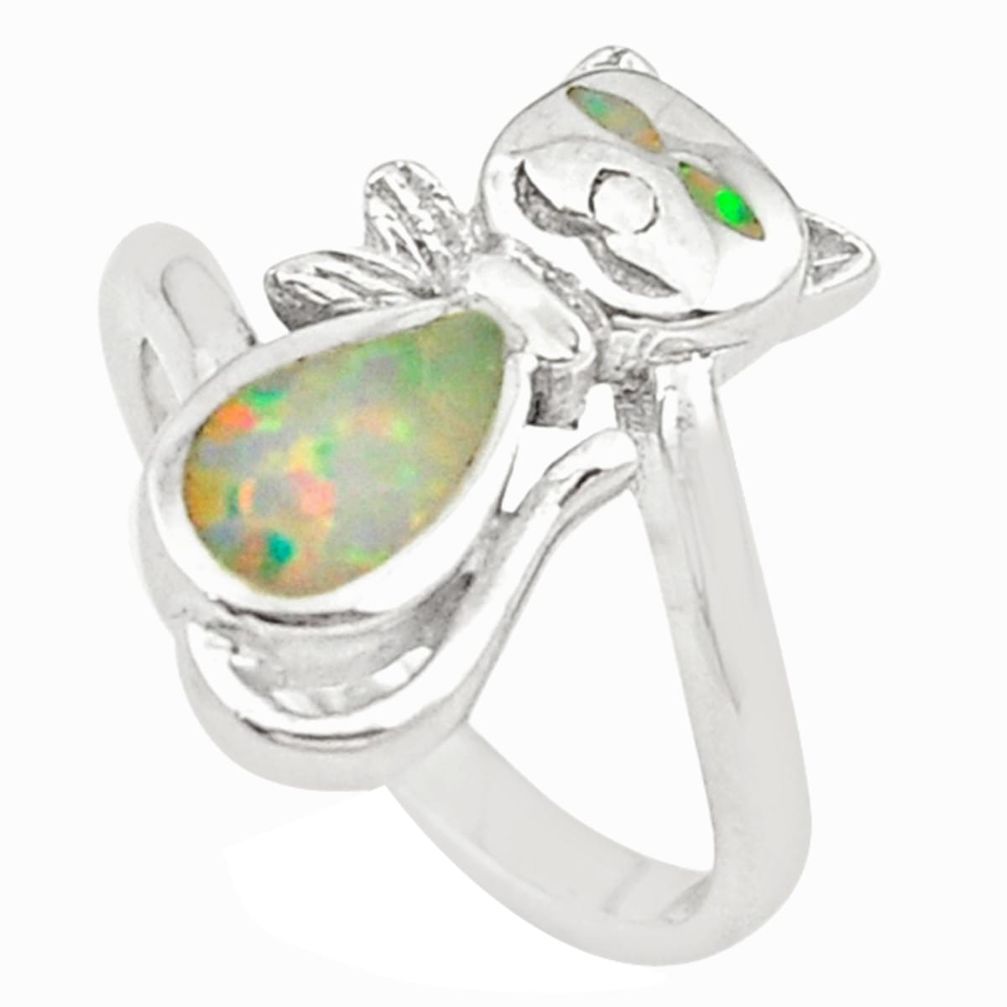 Pink australian opal (lab) enamel 925 silver cat ring jewelry size 5.5 c25857