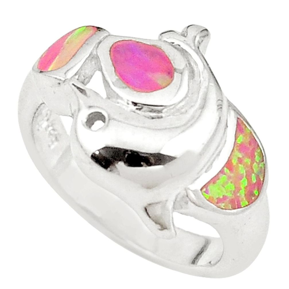 Pink australian opal (lab) enamel 925 silver ring jewelry size 6.5 c25858