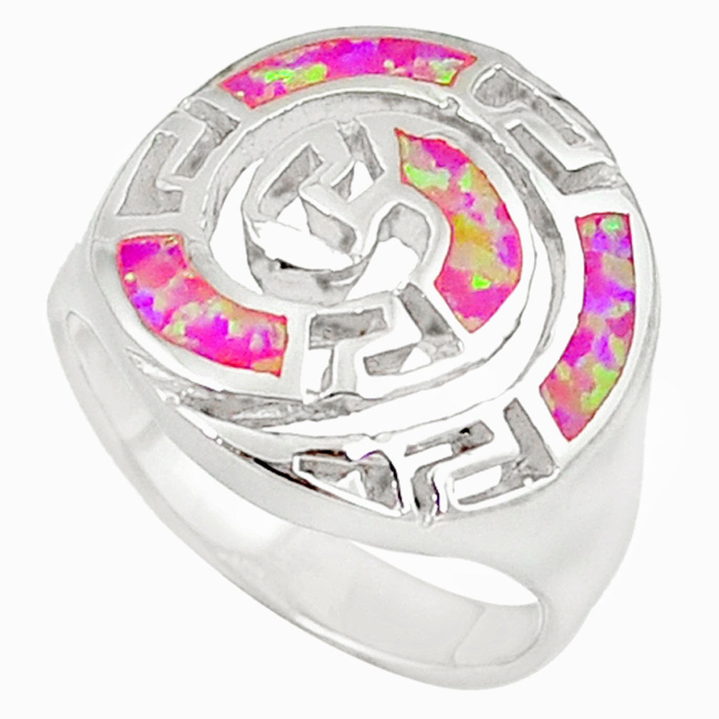 LAB Pink australian opal (lab) enamel 925 silver ring jewelry size 7 c15759