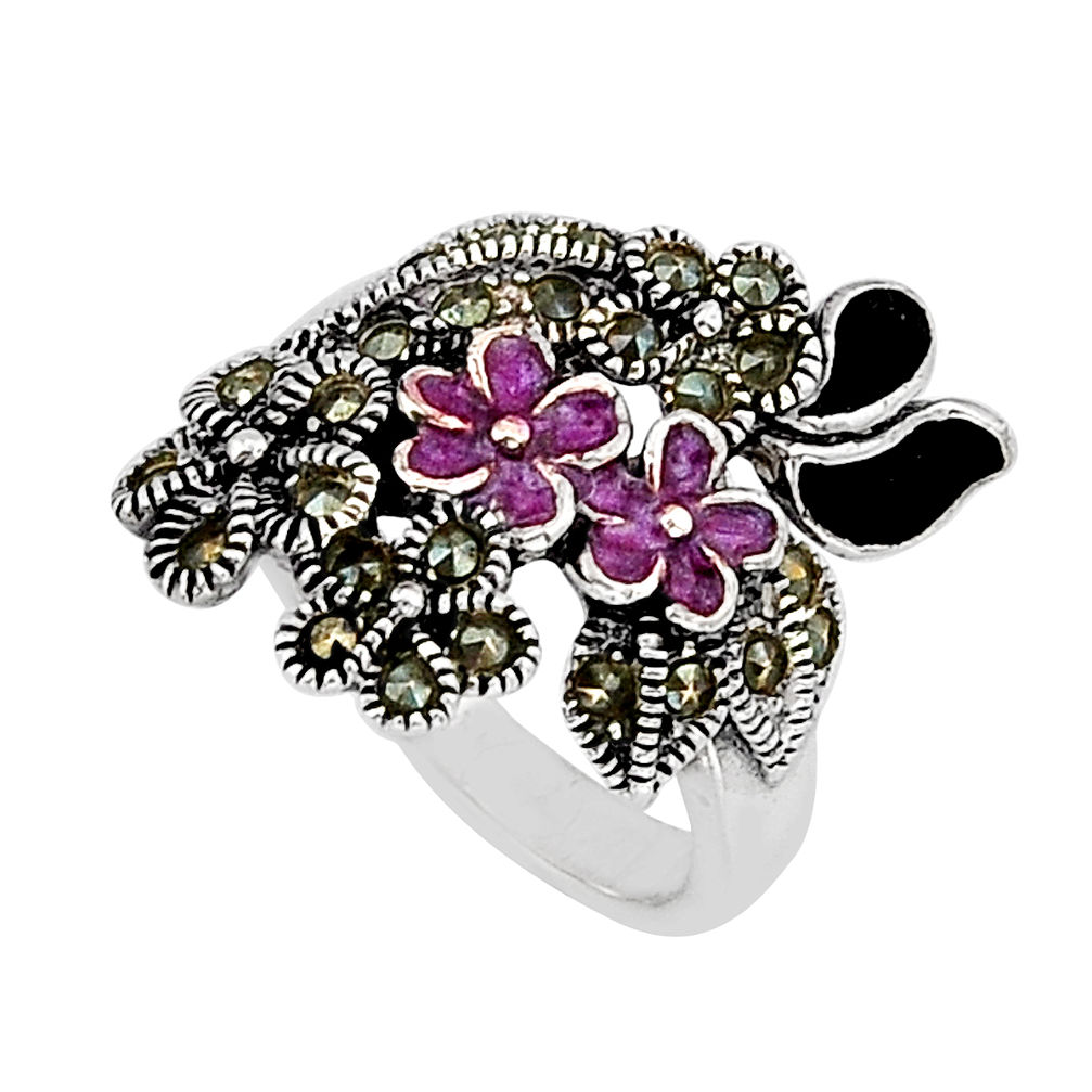 6.65gms pink black marcasite pink enamel 925 silver flower ring size 5.5 y66059