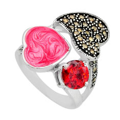 2.31cts pink enamel natural garnet heart marcasite 925 silver ring size 7 y65111