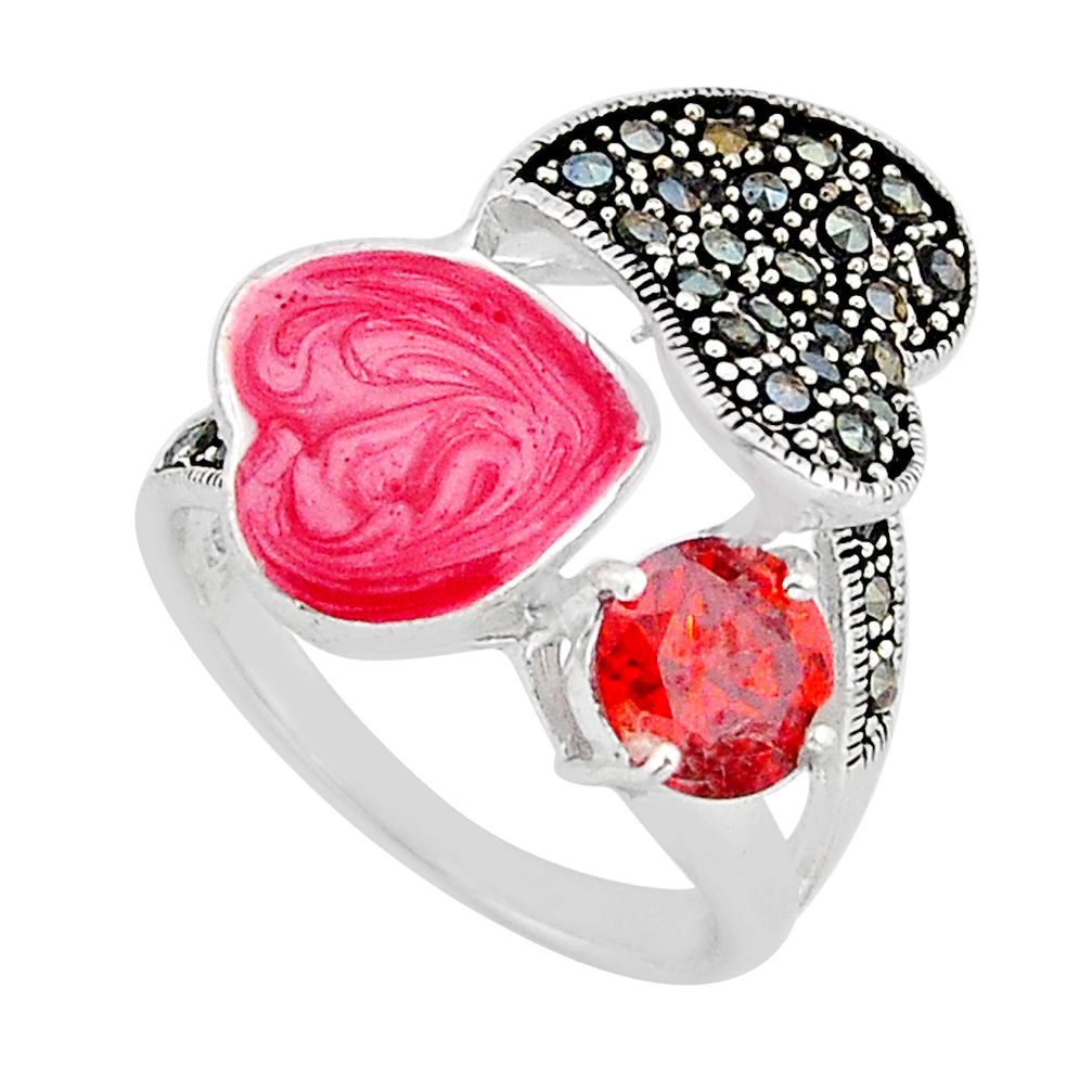 2.30cts pink enamel natural red garnet marcasite 925 silver ring size 8.5 y65193
