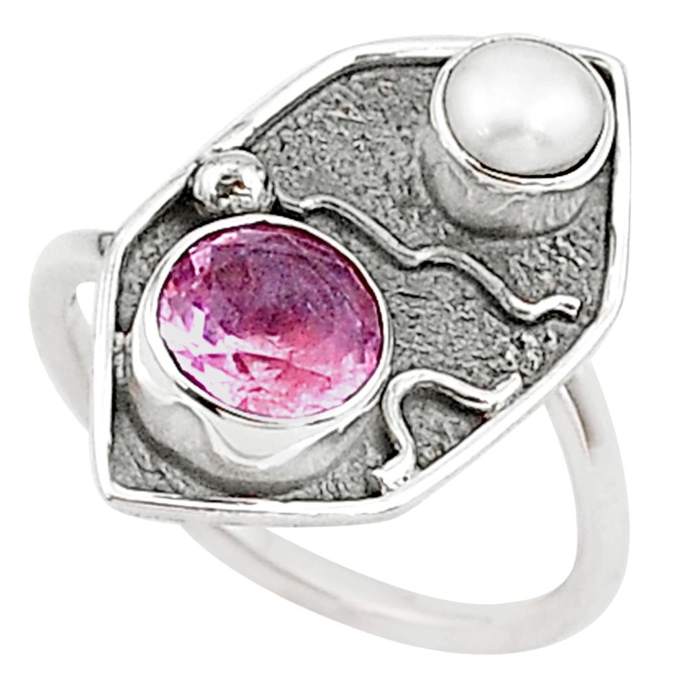 3.50cts pink kunzite (lab) pearl 925 sterling silver handmade ring size 8 t16021