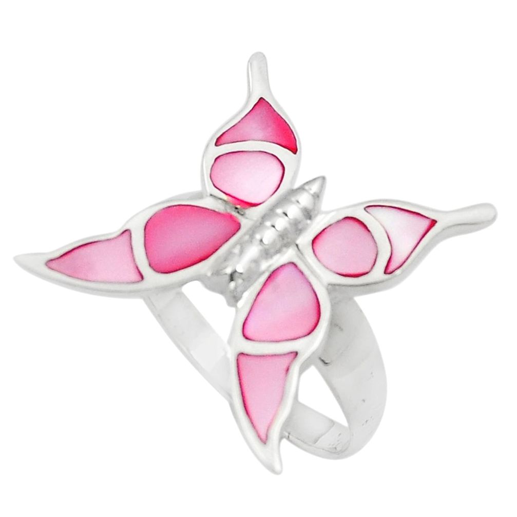 5.26gms pink pearl enamel 925 silver butterfly ring size 8.5 a92006 c13418