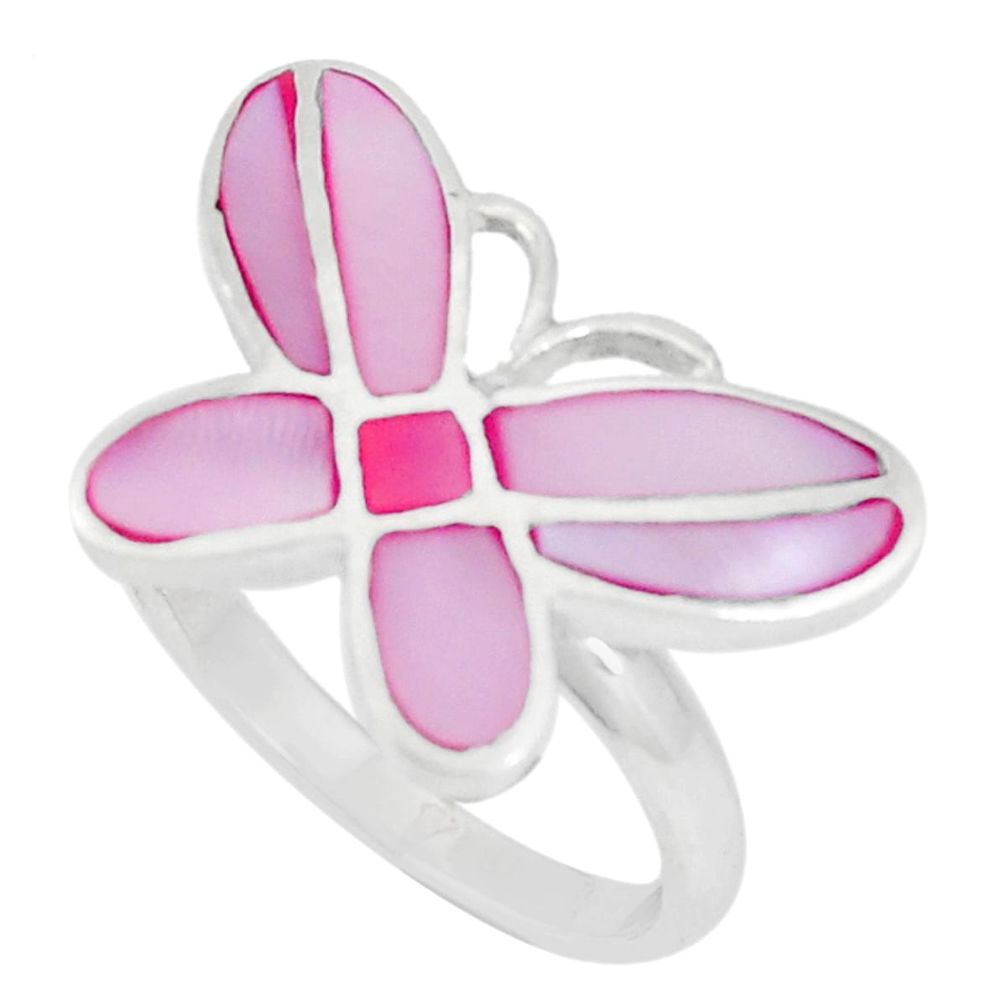 5.02gms pink pearl enamel 925 silver butterfly ring jewelry size 7 c12227