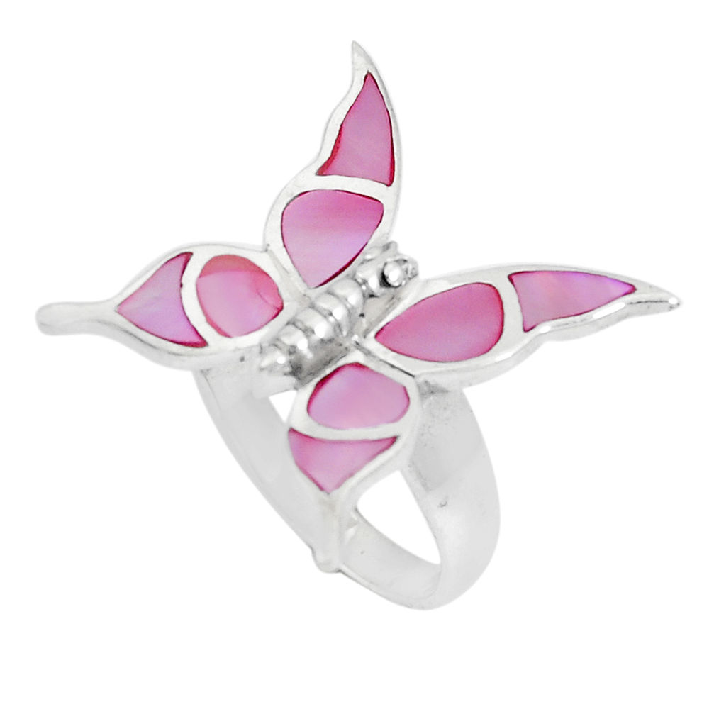 5.89gms pink pearl enamel 925 silver butterfly ring jewelry size 7 c12602