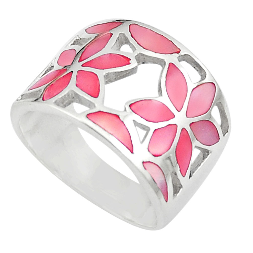5.48gms pink pearl enamel 925 silver flower ring jewelry size 5.5 c12993