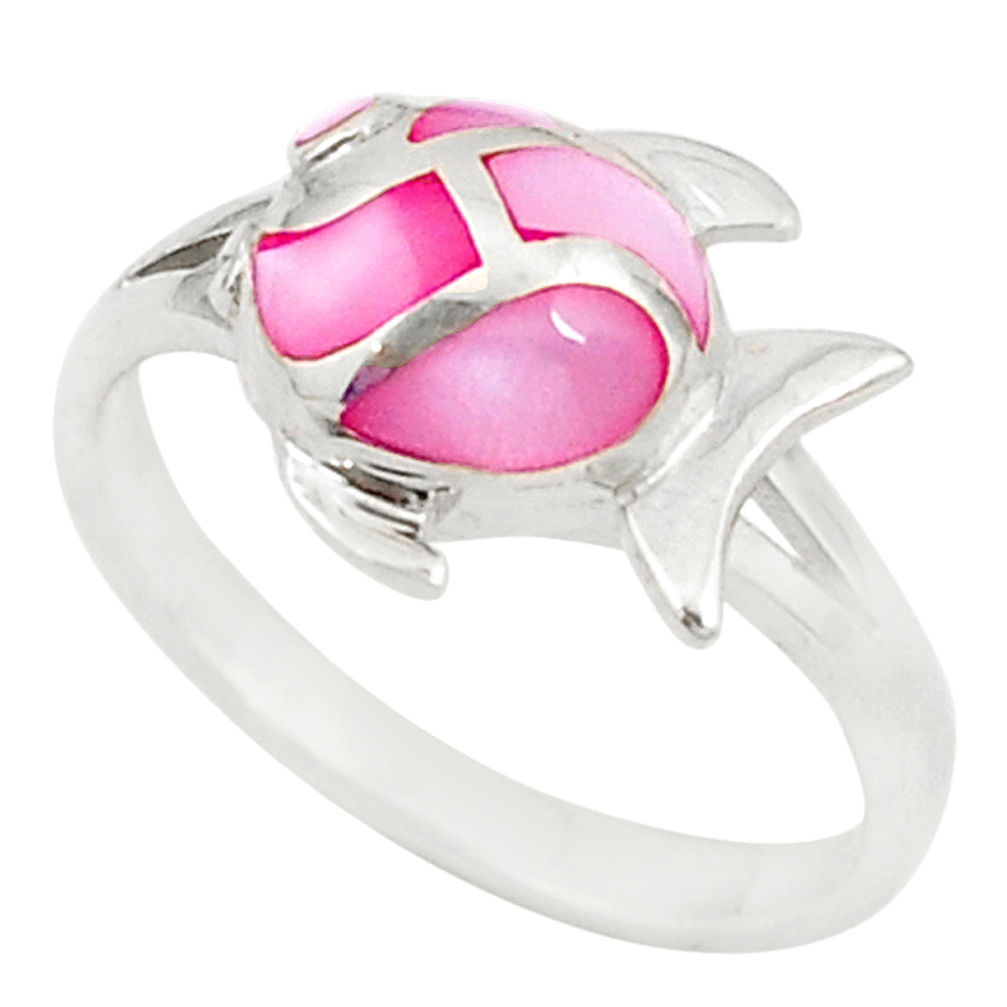 Pink pearl enamel 925 sterling silver fish ring jewelry size 6.5 c21901