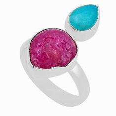 6.53cts pink ruby rough peruvian amazonite fancy silver ring size 6.5 n28549