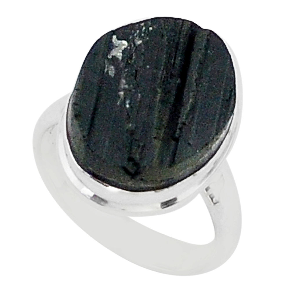 Protector stone black tourmaline raw 925 silver solitaire ring size 7 r96682