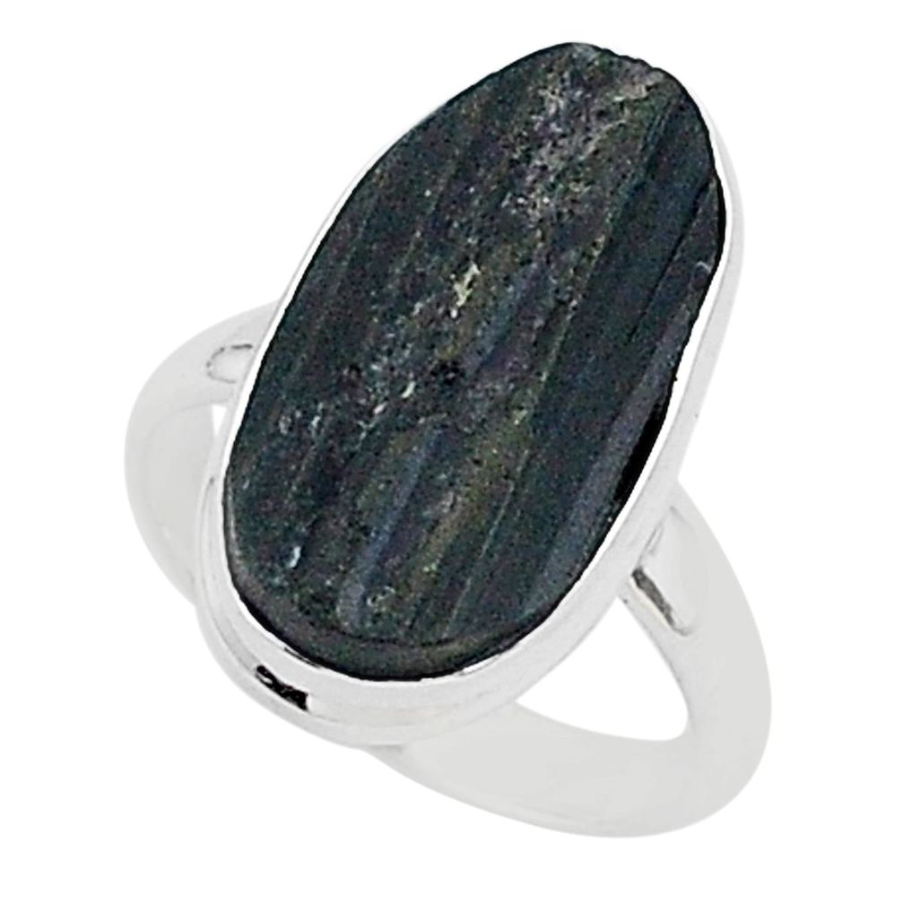 Protector stone black tourmaline raw 925 silver solitaire ring size 8 r96688