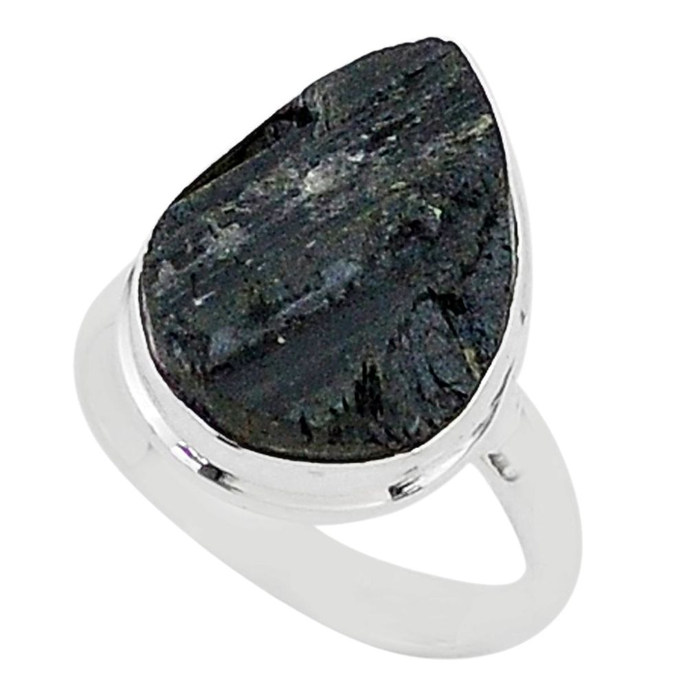 Protector stone black tourmaline raw 925 silver solitaire ring size 9 r96698