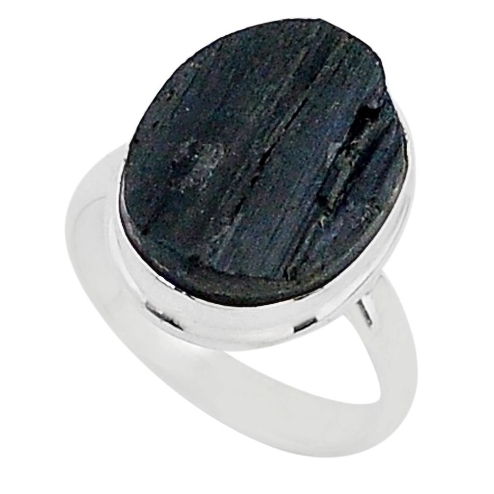 Protector stone black tourmaline raw 925 sterling silver ring size 8 r96642