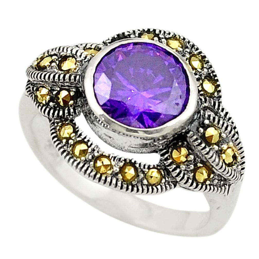 Purple amethyst quartz fine marcasite 925 silver ring jewelry size 5.5 c22976