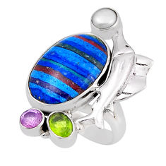 Rainbow calsilica peridot pearl amethyst 925 silver dolphin ring size 7.5 n28261