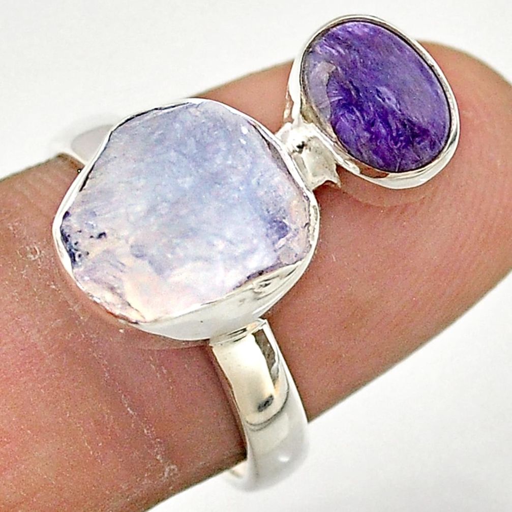 7.67cts rainbow moonstone slice rough charoite 925 silver ring size 7 t69933