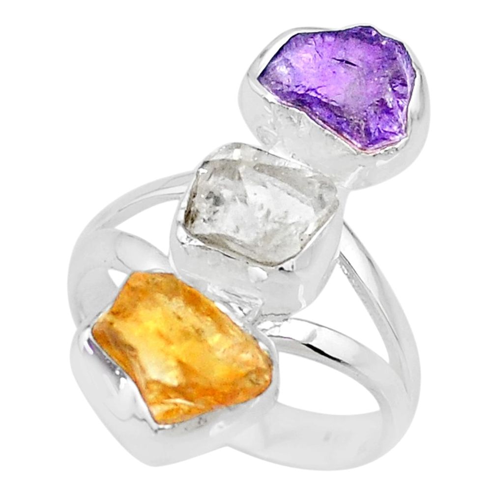 12.10cts raw amethyst citrine herkimer diamond raw silver ring size 7 r73739