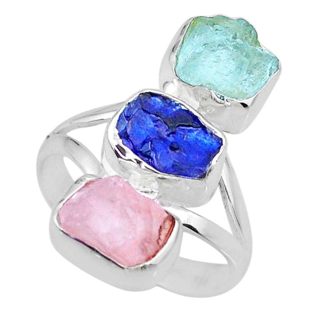 12.43cts raw aquamarine rose quartz sapphire raw 925 silver ring size 8 r73719