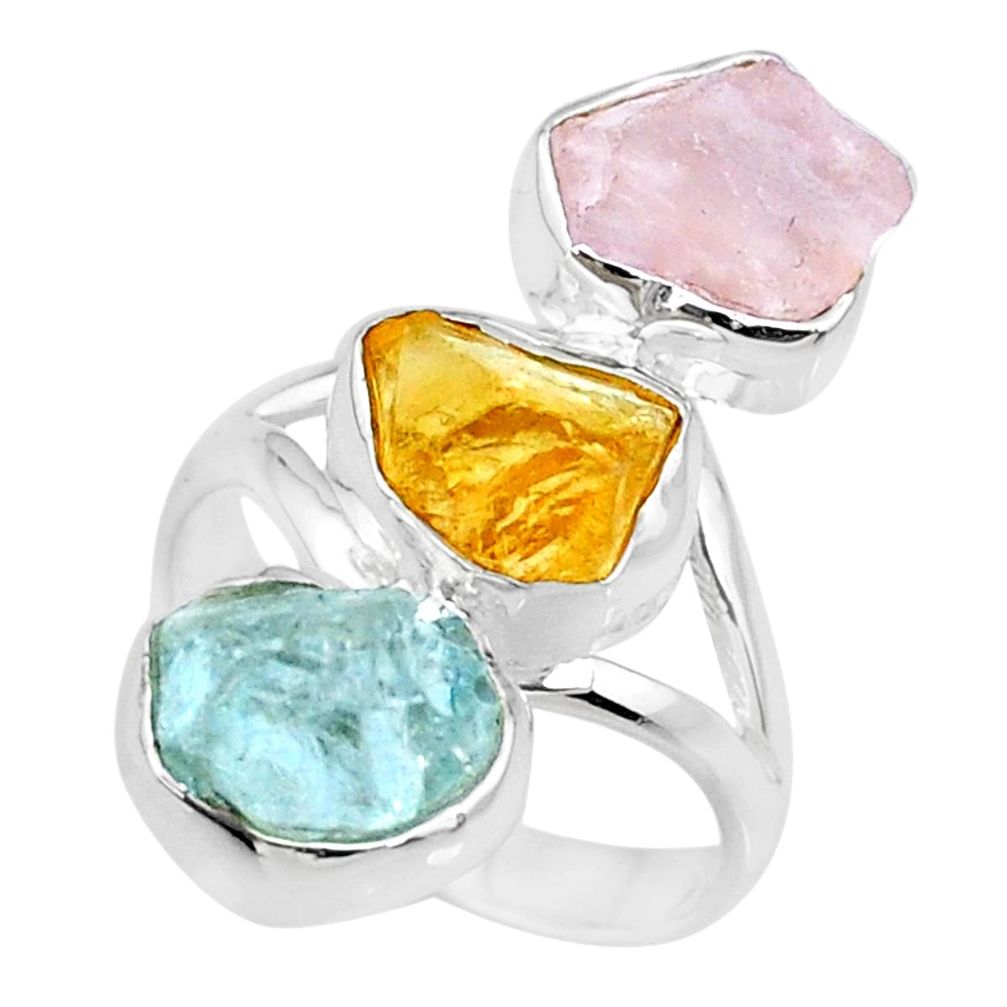 12.89cts raw citrine aquamarine rose quartz raw 925 silver ring size 7 r73753