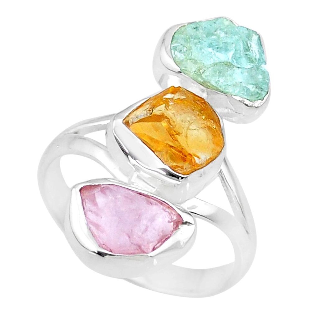 12.39cts raw citrine aquamarine rose quartz raw 925 silver ring size 9 r73758