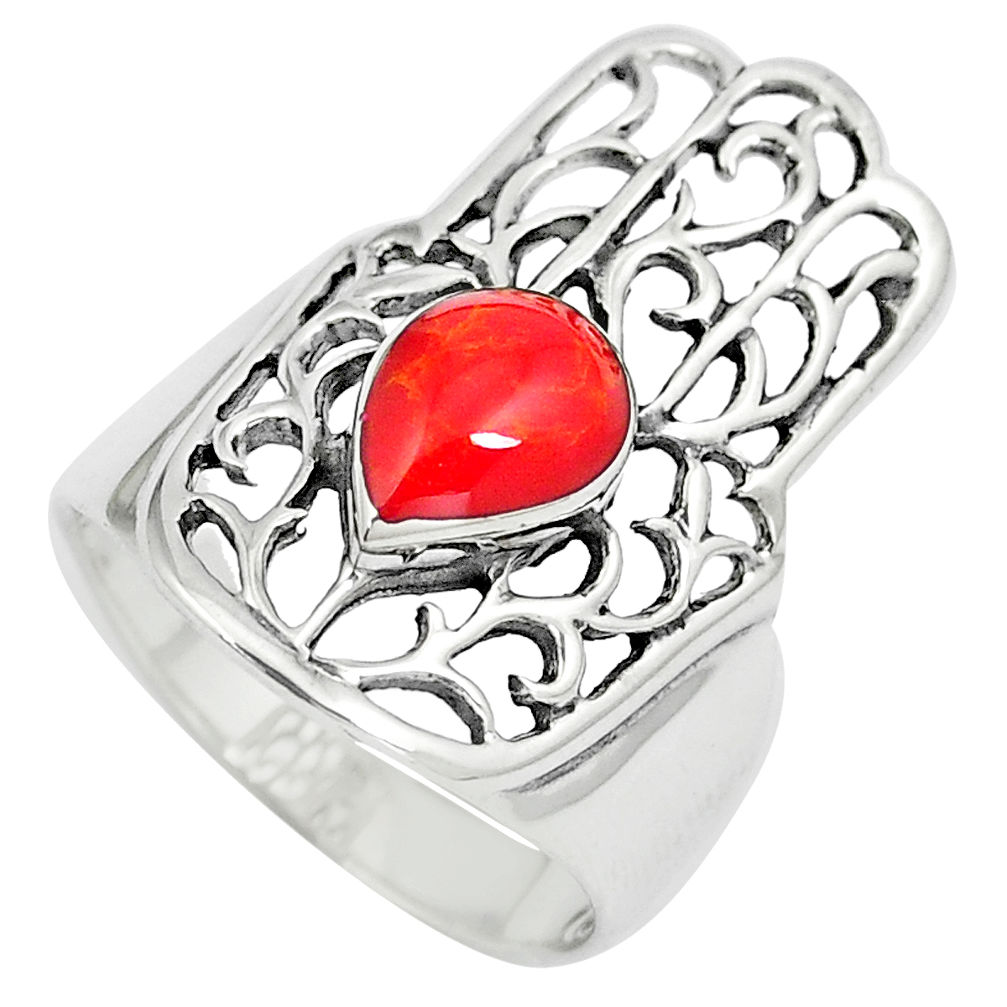 LAB 2.35cts red coral 925 sterling silver hand of god hamsa ring size 7 c12723