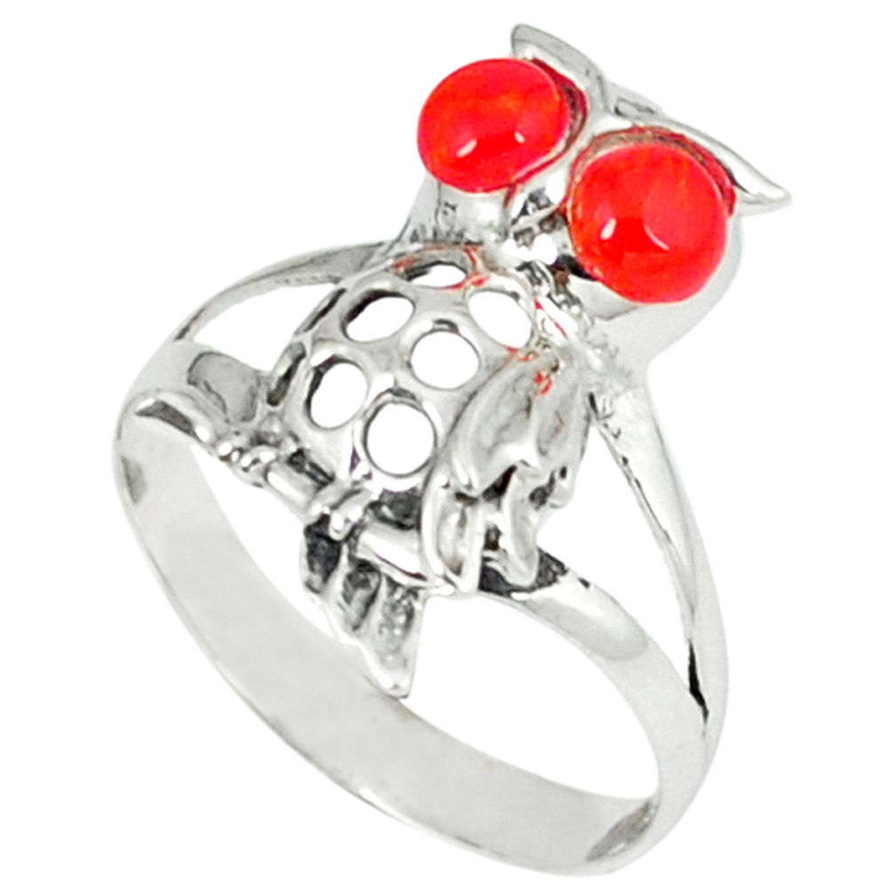 LAB 1.13cts red coral 925 sterling silver owl ring jewelry size 7.5 c12245