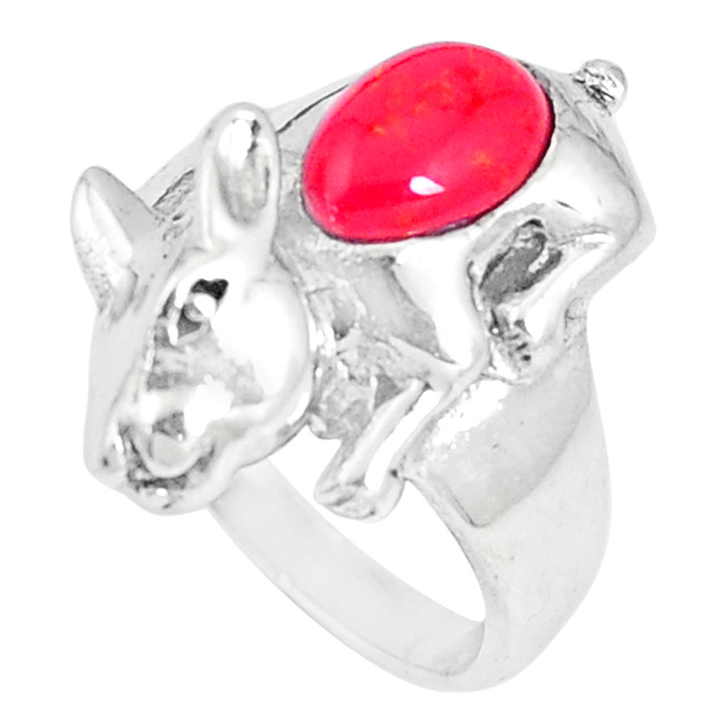 LAB 2.40cts red coral 925 sterling silver rabbit charm ring size 6.5 a93336 c13252