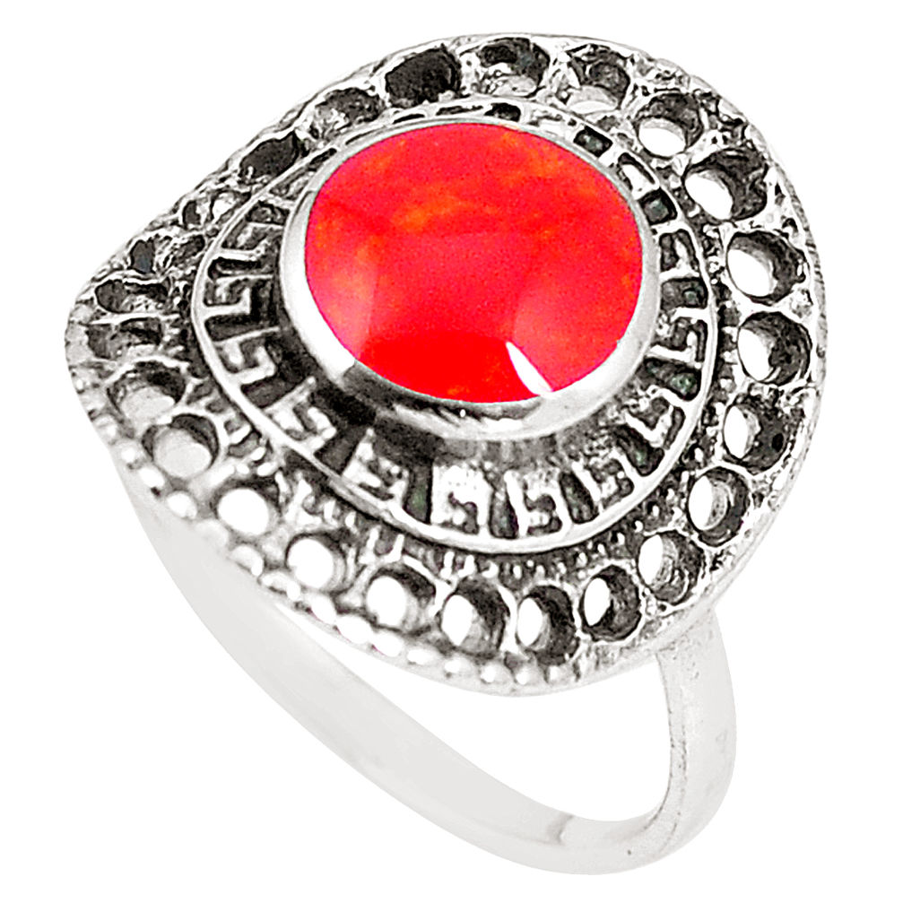 LAB 2.56cts red coral 925 sterling silver ring jewelry size 7.5 c12360