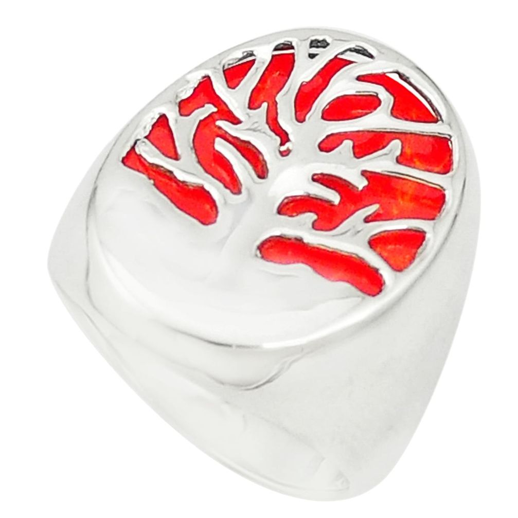 Red coral 925 sterling silver tree of life ring jewelry size 6.5 c12803