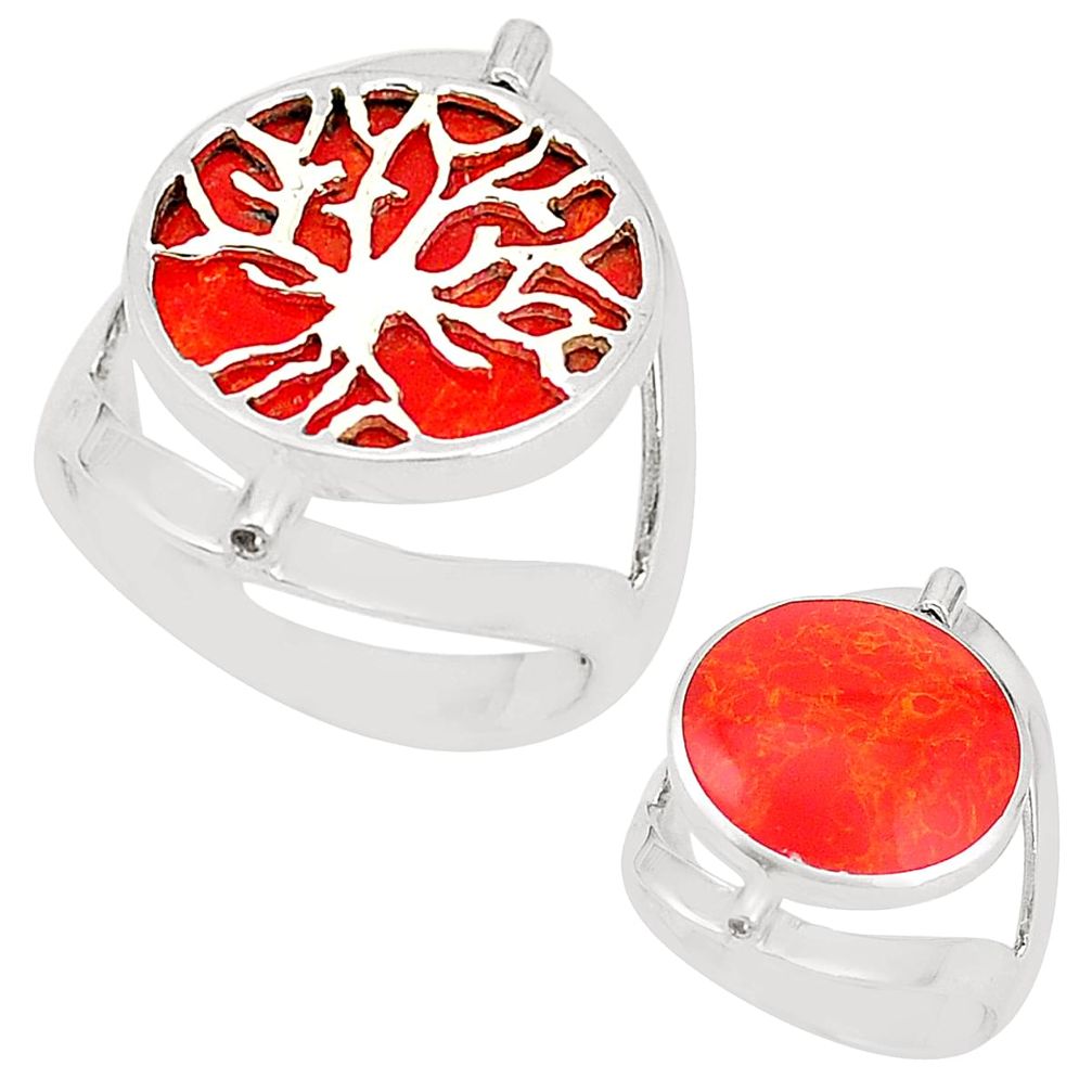 Red coral 925 sterling silver tree of life ring jewelry size 6.5 c12806