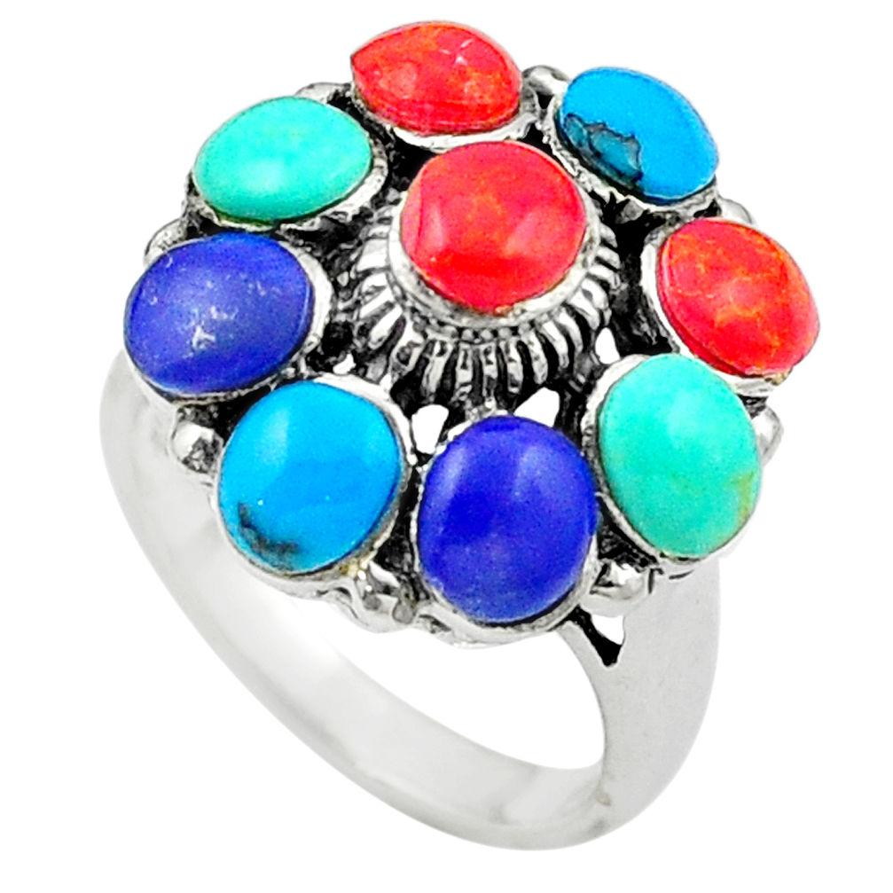 Red coral blue turquoise 925 sterling silver ring jewelry size 5 c12424
