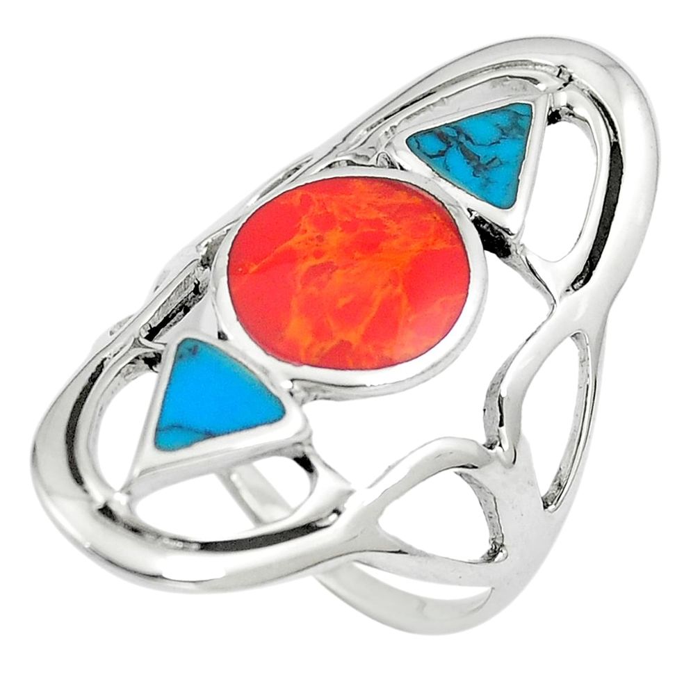6.48gms red coral blue turquoise enamel 925 sterling silver ring size 8 c12773