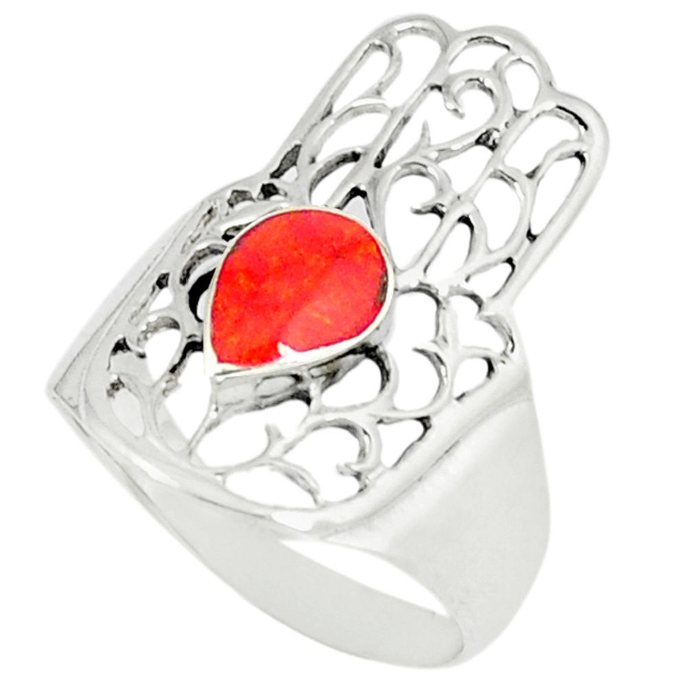 LAB 4.69gms red coral enamel 925 silver hand of god hamsa ring size 8.5 c11981