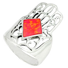 LAB 4.47gms red coral enamel 925 silver hand of god hamsa ring size 6.5 c11999