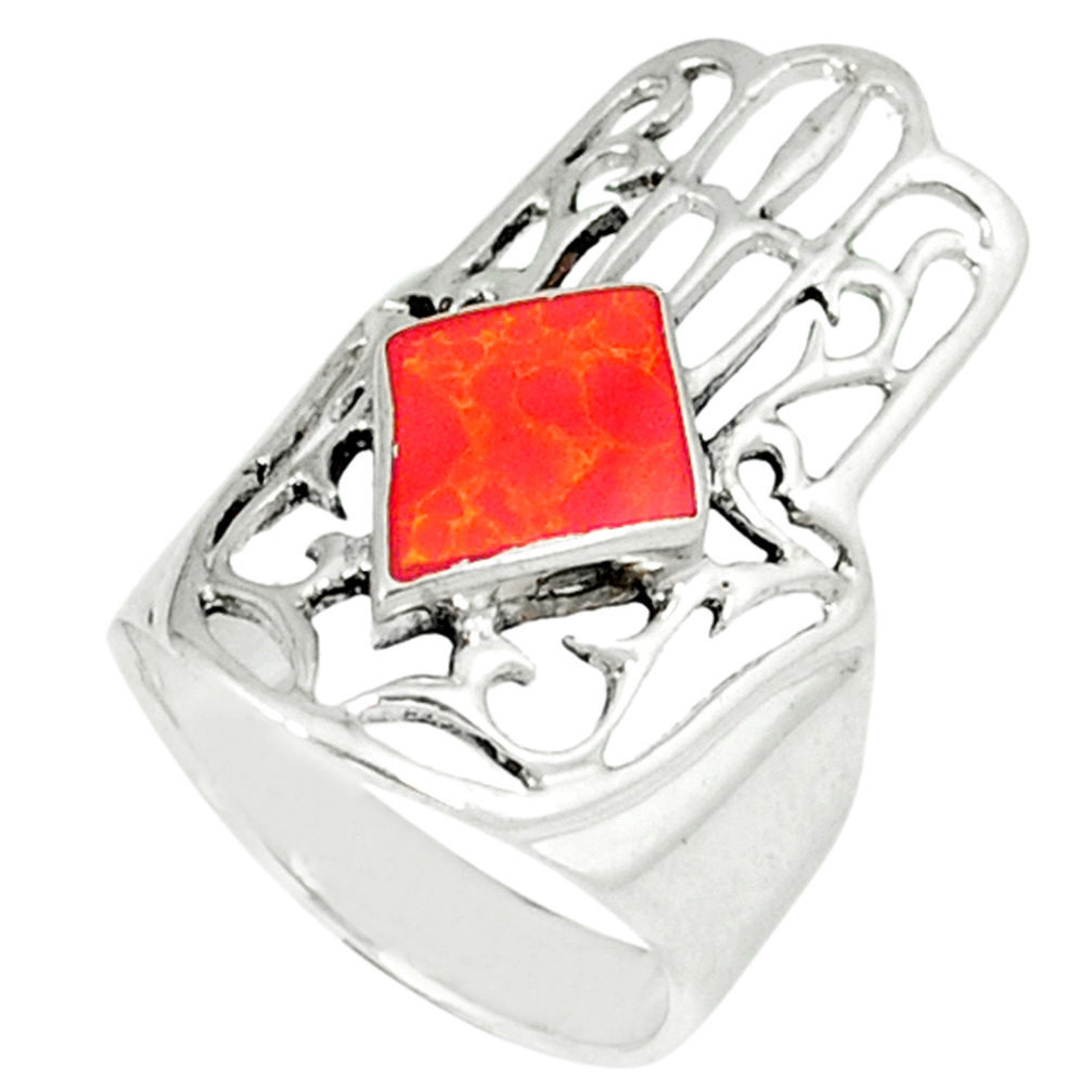 4.69gms red coral enamel 925 silver hand of god hamsa ring size 5.5 c12139