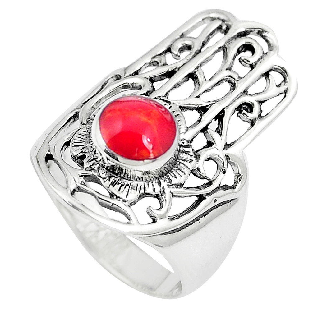 LAB 5.48gms red coral enamel 925 silver hand of god hamsa ring size 7.5 c12747