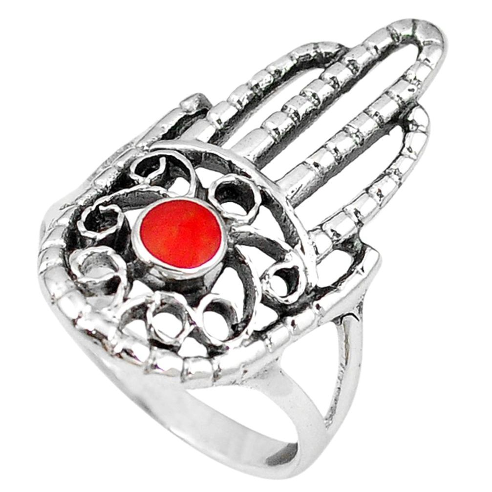 Red coral enamel 925 silver hand of god hamsa ring jewelry size 8.5 c11985