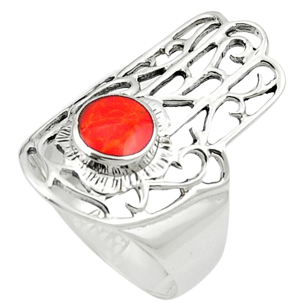 Red coral enamel 925 silver hand of god hamsa ring jewelry size 6.5 c11988