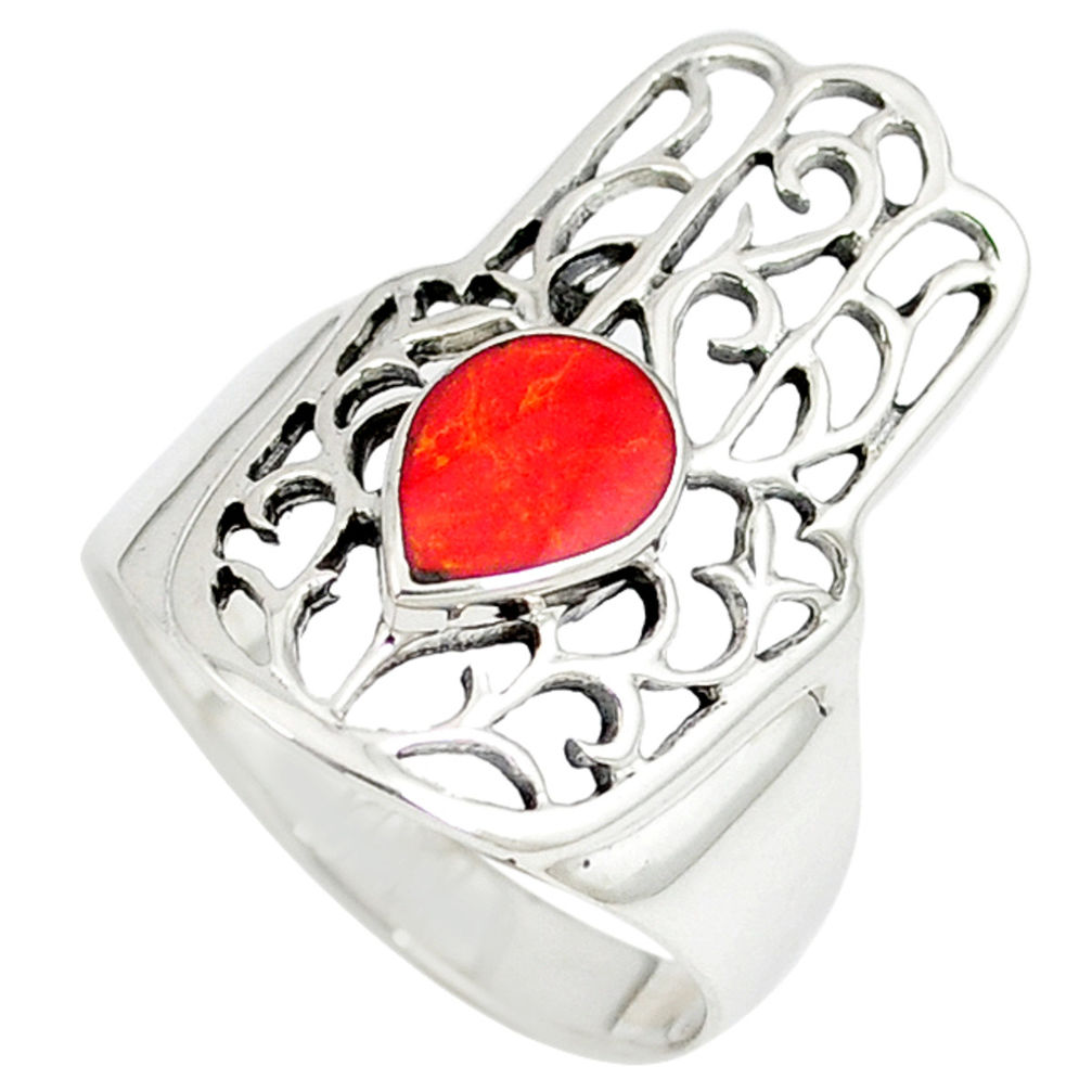 LAB Red coral enamel 925 silver hand of god hamsa ring jewelry size 8.5 c12124