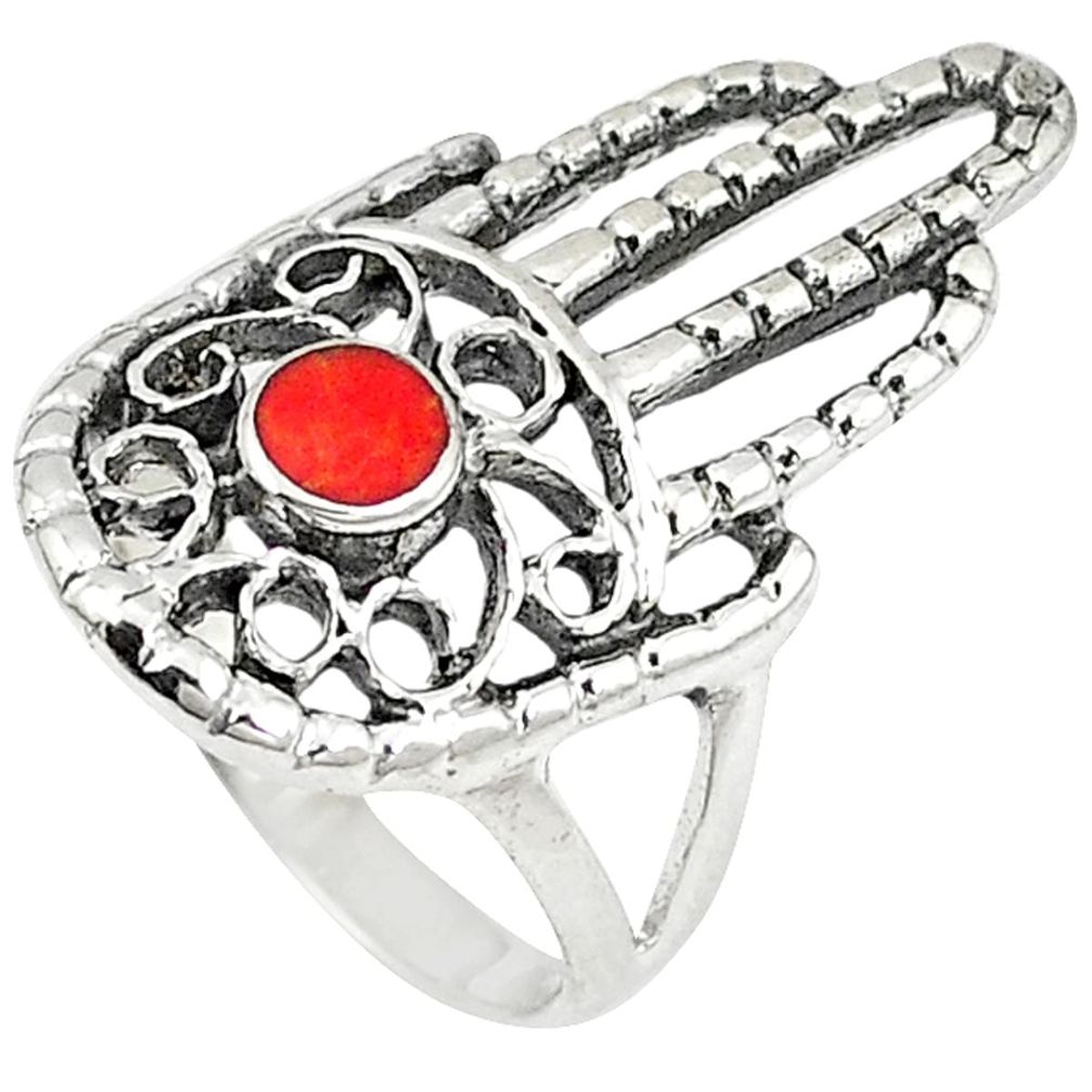 Red coral enamel 925 silver hand of god hamsa ring jewelry size 7 c11990