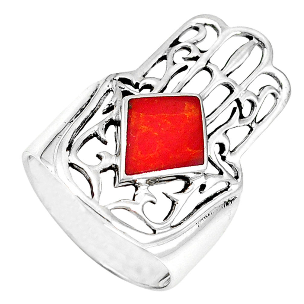 LAB Red coral enamel 925 silver hand of god hamsa ring jewelry size 7 c11996