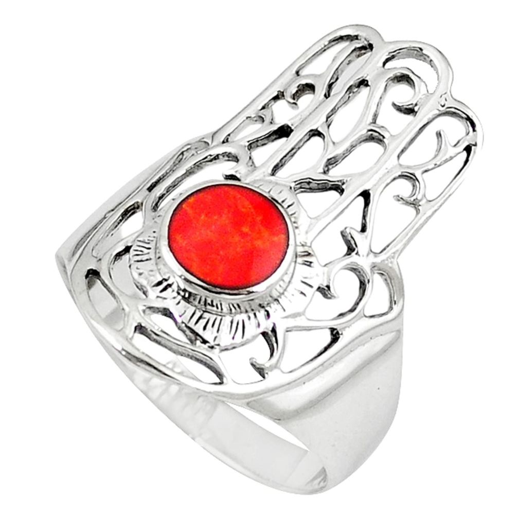 Red coral enamel 925 silver hand of god hamsa ring jewelry size 8 c12126