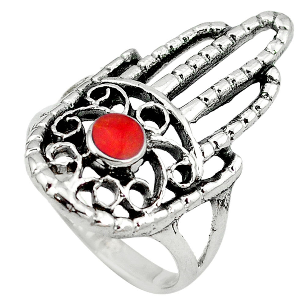 LAB Red coral enamel 925 silver hand of god hamsa ring jewelry size 8 c12129