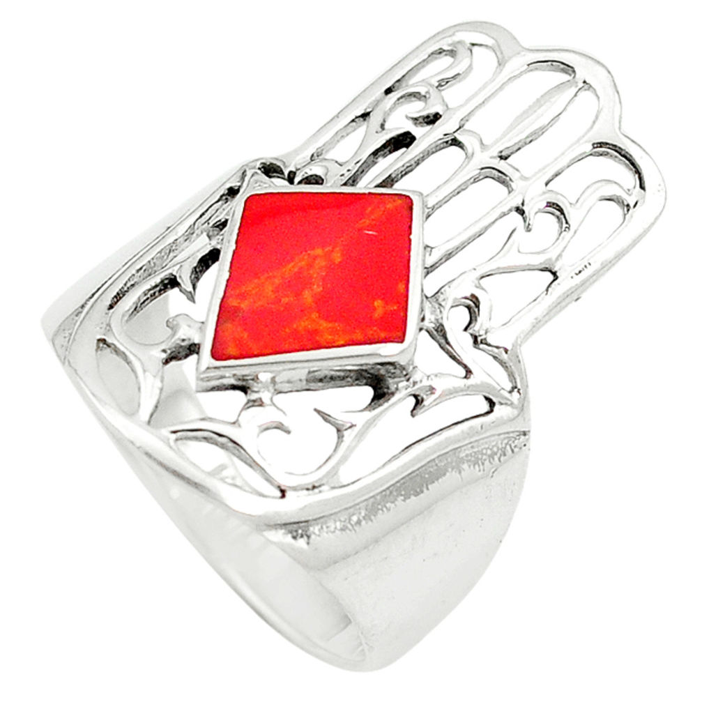 LAB Red coral enamel 925 silver hand of god hamsa ring jewelry size 8 c12136