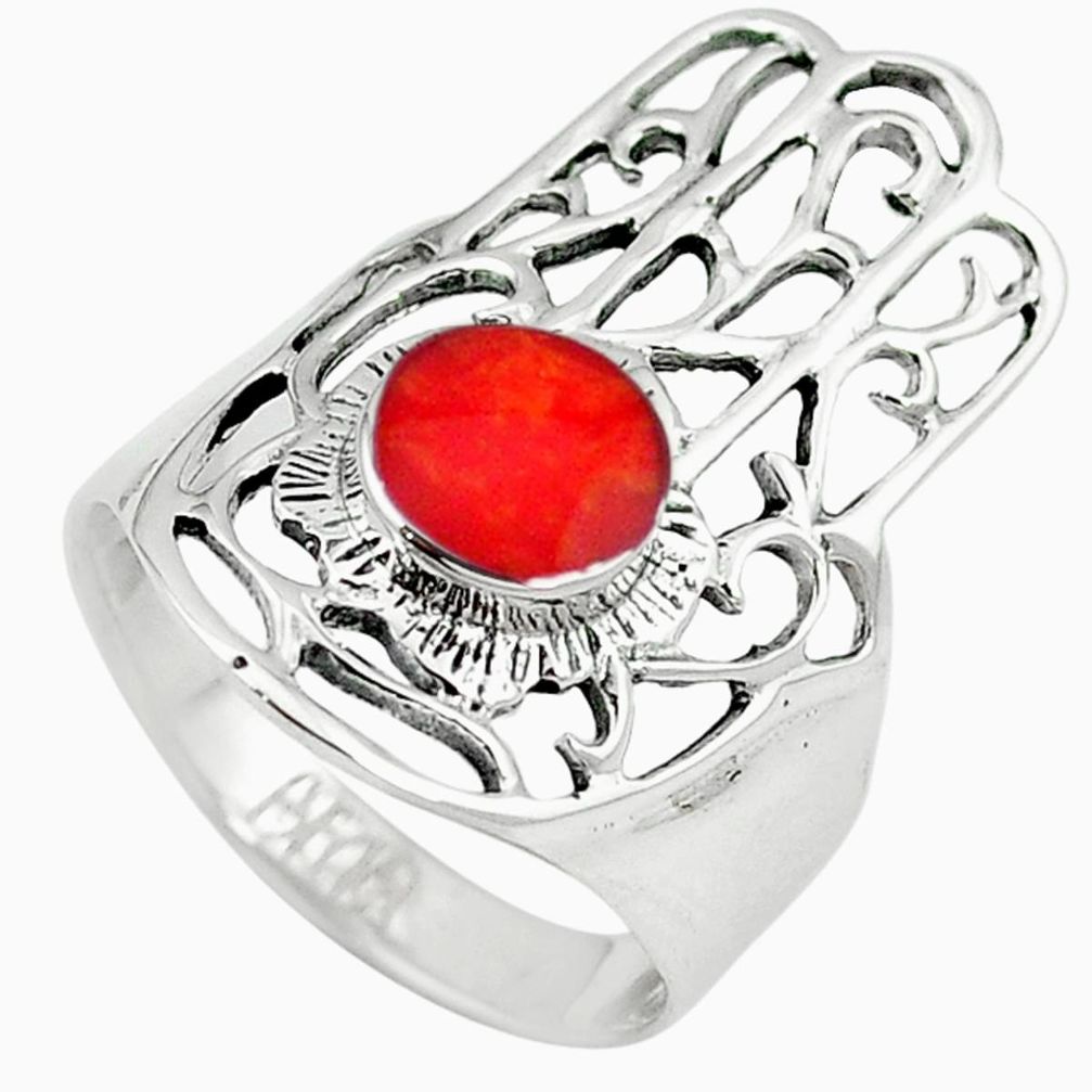 Red coral enamel 925 silver hand of god hamsa ring jewelry size 9 c11982