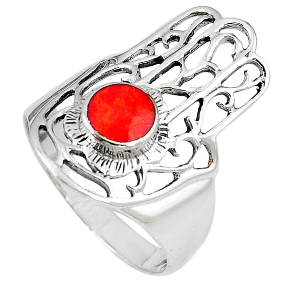 LAB Red coral enamel 925 silver hand of god hamsa ring jewelry size 9 c11998